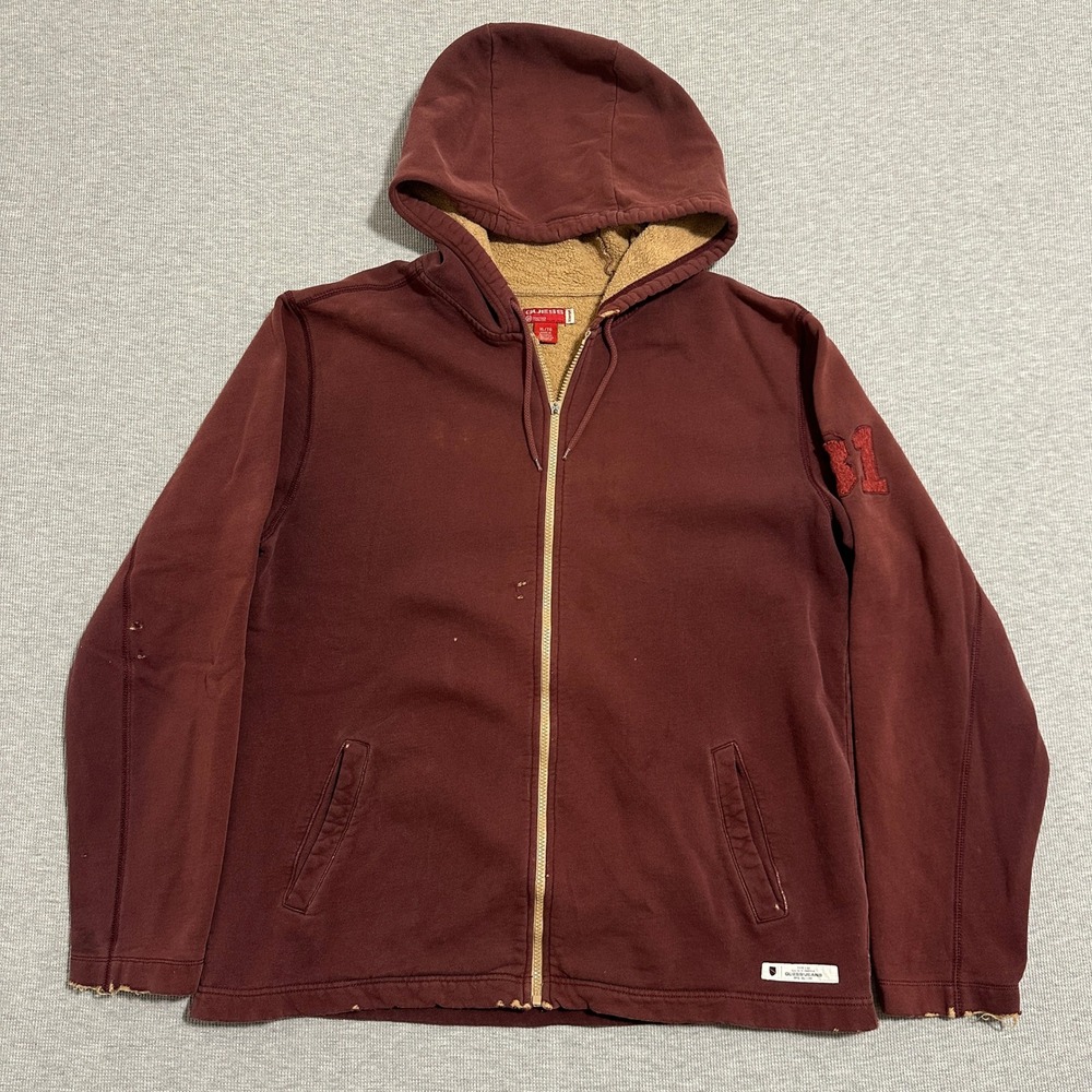 Guess Mens Full Zip‎ Sherpa Lined Hoodie Burgundy XL Distressed Heavyweight